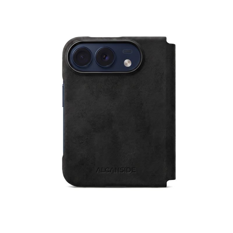 Deep Black Alcantara folio case for iPhone Duo, back view with the camera