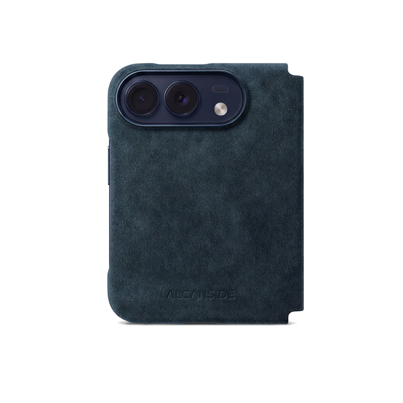 Navy Blue Alcantara folio case for iPhone Duo, back view with the camera