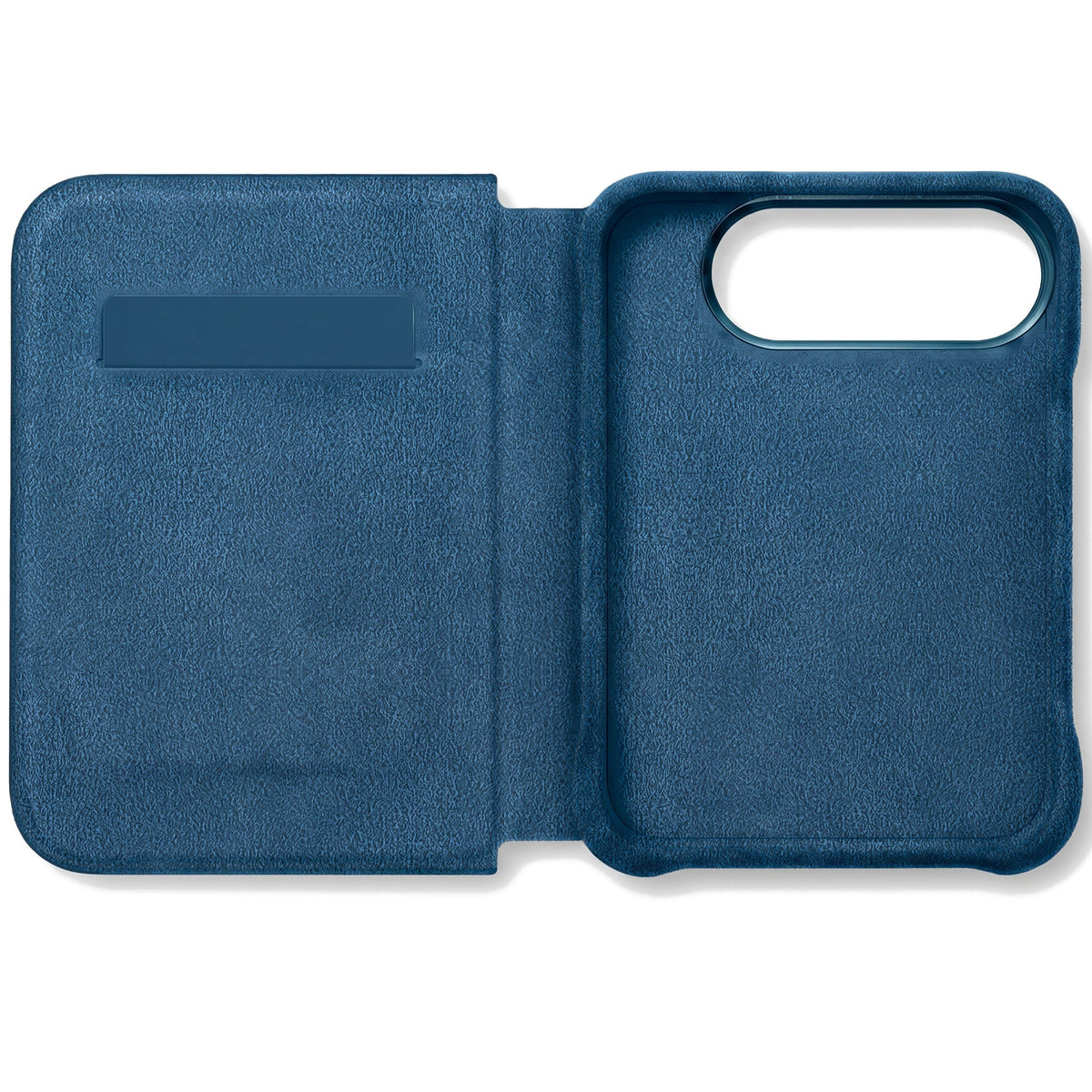 Ocean Blue Alcantara folio case for iPhone Duo, opened with the card slot
