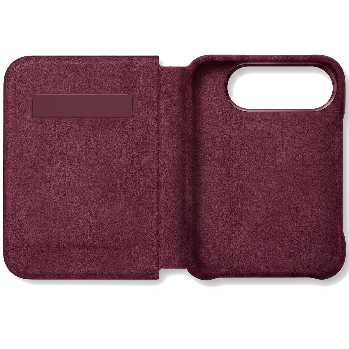 Wine Red Alcantara folio case for iPhone Duo, opened with the card slot