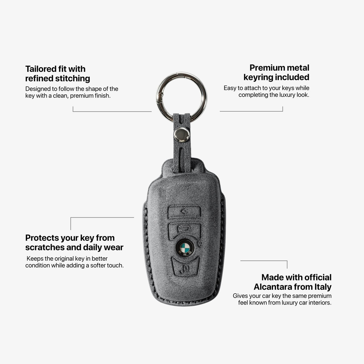Alcantara Car Key Fob Cover for BMW Model A with Buckle - Space Grey - Alcanside