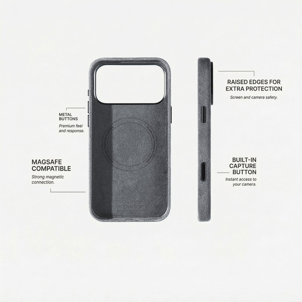Alcantara iPhone 18 Pro case with MagSafe and metal buttons #iPhone model:_iPhone 18 Pro|iPhone 18 Pro Max
