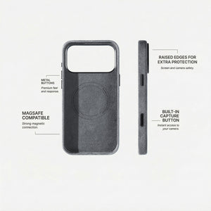 Alcantara iPhone 18 Pro case with MagSafe and metal buttons