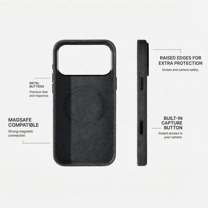Space Grey Alcantara iPhone 17 Pro Max case with a raised edge around the camera