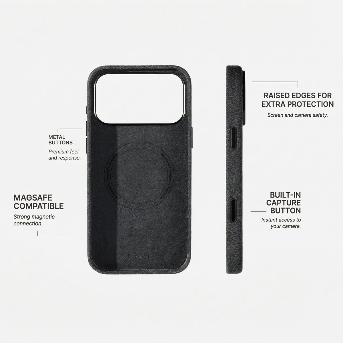 Alcantara iPhone 18 Pro case with MagSafe and metal buttons #iPhone model:_iPhone 18 Pro|iPhone 18 Pro Max