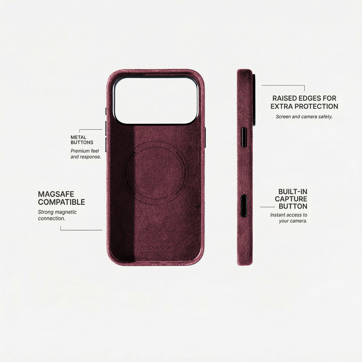 Alcantara iPhone 18 Pro case with MagSafe and metal buttons #iPhone model:_iPhone 18 Pro|iPhone 18 Pro Max