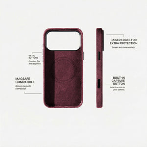 Alcantara iPhone 18 Pro case with MagSafe and metal buttons