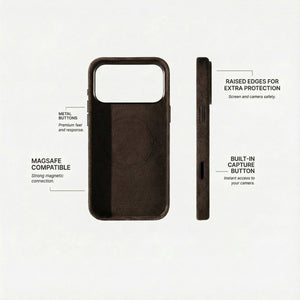 Alcantara iPhone 18 Pro Max case with MagSafe and metal buttons