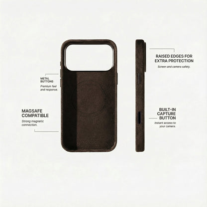 Alcantara iPhone 18 Pro Max case with MagSafe and metal buttons