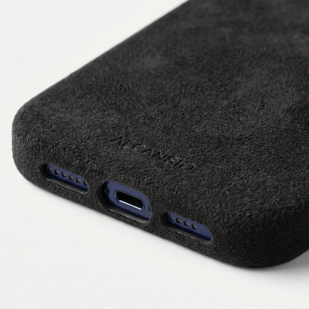 Deep Black Alcantara iPhone 18 Pro case bottom detail #iPhone model:_iPhone 18 Pro|iPhone 18 Pro Max