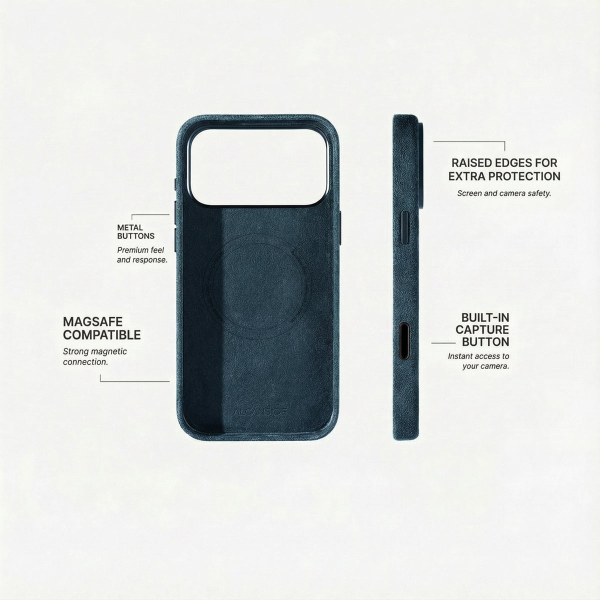 Alcantara iPhone 18 Pro case with MagSafe and metal buttons #iPhone model:_iPhone 18 Pro|iPhone 18 Pro Max