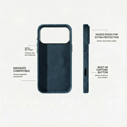 Alcantara iPhone 18 Pro Max case with MagSafe and metal buttons
