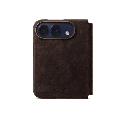 Chocolate Brown Alcantara folio case for iPhone Duo, back view with the camera