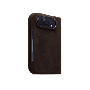 Chocolate Brown Alcantara folio case for iPhone Duo, side view with the button cutout