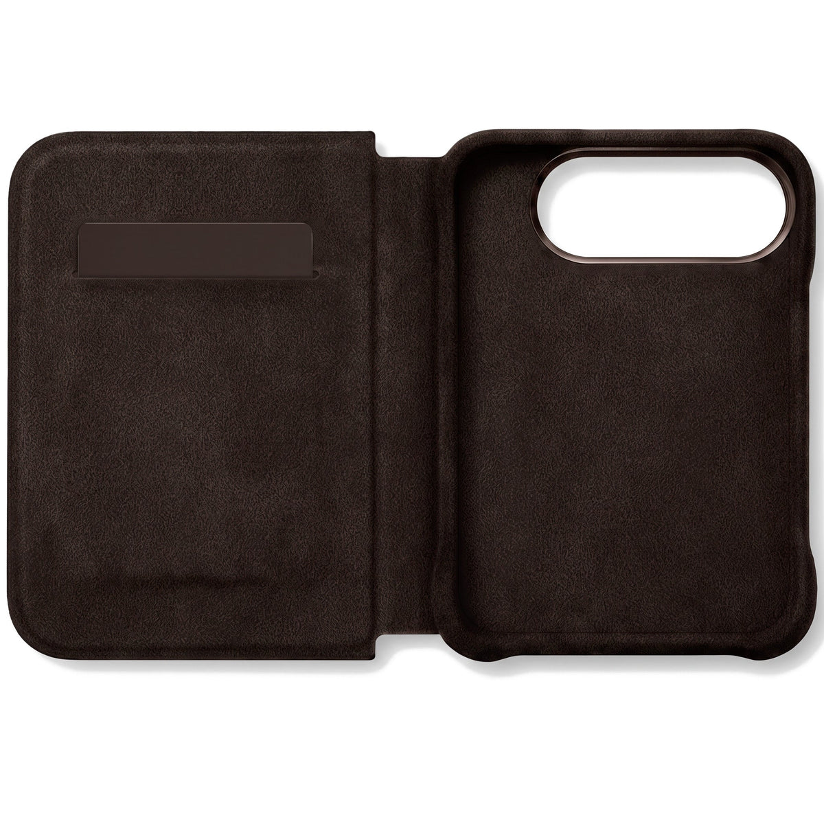 Chocolate Brown Alcantara folio case for iPhone Duo, opened with the card slot