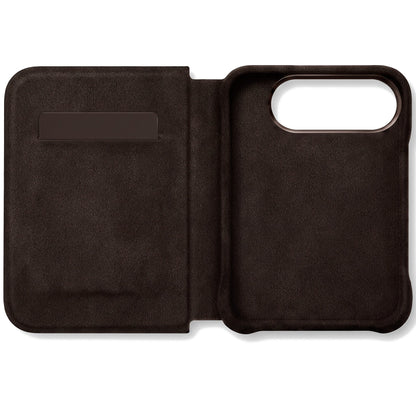 Chocolate Brown Alcantara folio case for iPhone Duo, opened with the card slot