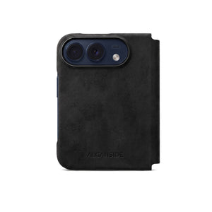 Deep Black Alcantara folio case for iPhone Duo, back view with the camera