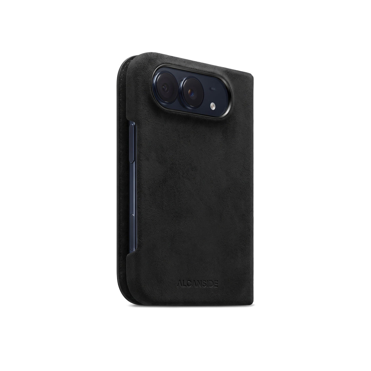 Deep Black Alcantara folio case for iPhone Duo, side view with the button cutout