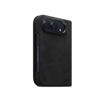 Deep Black Alcantara folio case for iPhone Duo, side view with the button cutout