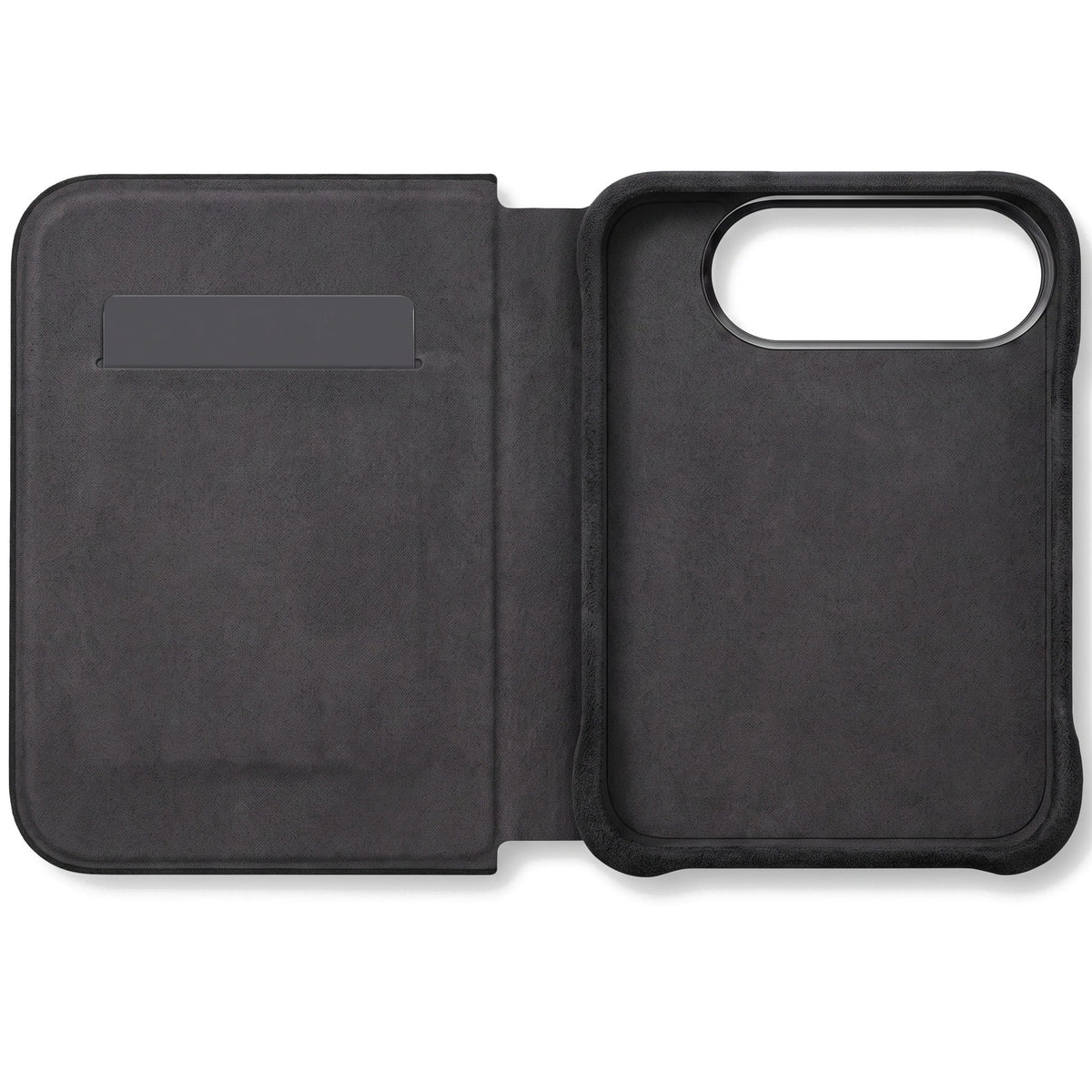 Deep Black Alcantara folio case for iPhone Duo, opened with the card slot