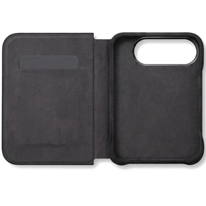 Deep Black Alcantara folio case for iPhone Duo, opened with the card slot