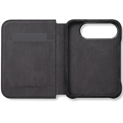 Deep Black Alcantara folio case for iPhone Duo, opened with the card slot