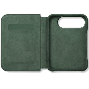 Midnight Green Alcantara folio case for iPhone Duo, opened with the card slot