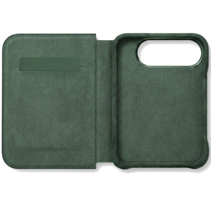 Midnight Green Alcantara folio case for iPhone Duo, opened with the card slot