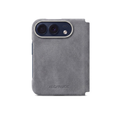 Nardo Gray Alcantara folio case for iPhone Duo, back view with the camera