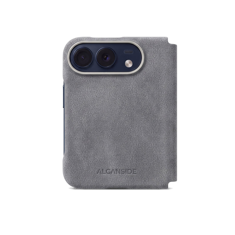 Nardo Gray Alcantara folio case for iPhone Duo, back view with the camera