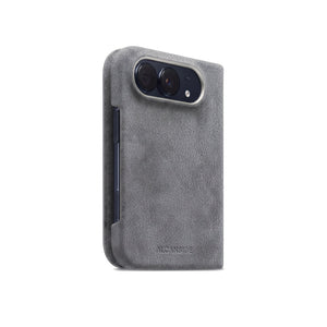Nardo Gray Alcantara folio case for iPhone Duo, side view with the button cutout