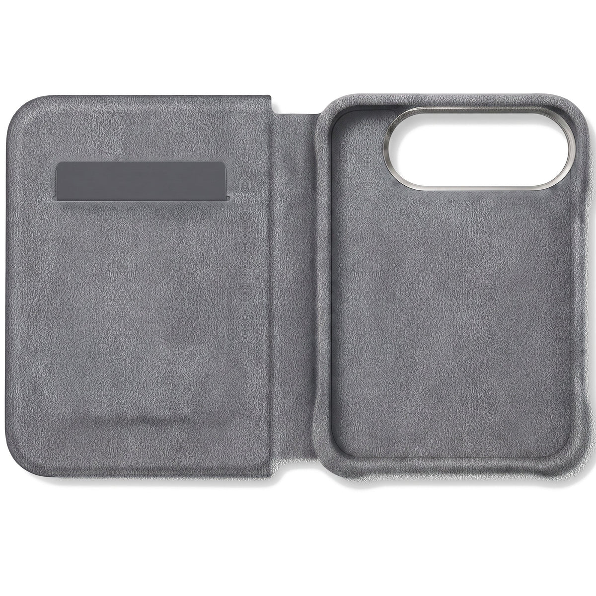 Nardo Gray Alcantara folio case for iPhone Duo, opened with the card slot