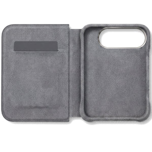 Nardo Gray Alcantara folio case for iPhone Duo, opened with the card slot