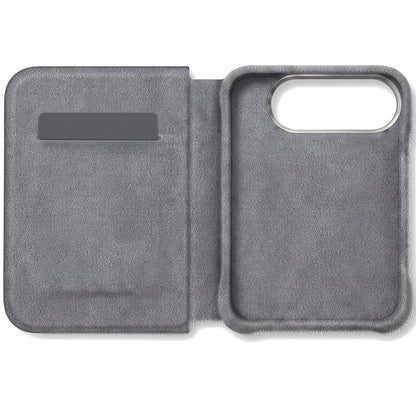 Nardo Gray Alcantara folio case for iPhone Duo, opened with the card slot