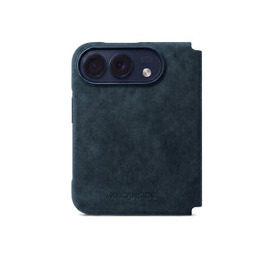 Navy Blue Alcantara folio case for iPhone Duo, back view with the camera