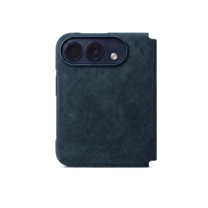 Navy Blue Alcantara folio case for iPhone Duo, back view with the camera