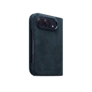Navy Blue Alcantara folio case for iPhone Duo, side view with the button cutout