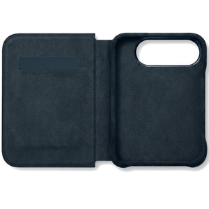 Navy Blue Alcantara folio case for iPhone Duo, opened with the card slot