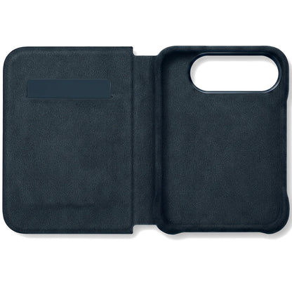 Navy Blue Alcantara folio case for iPhone Duo, opened with the card slot