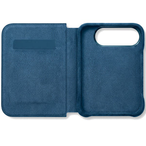 Ocean Blue Alcantara folio case for iPhone Duo, opened with the card slot