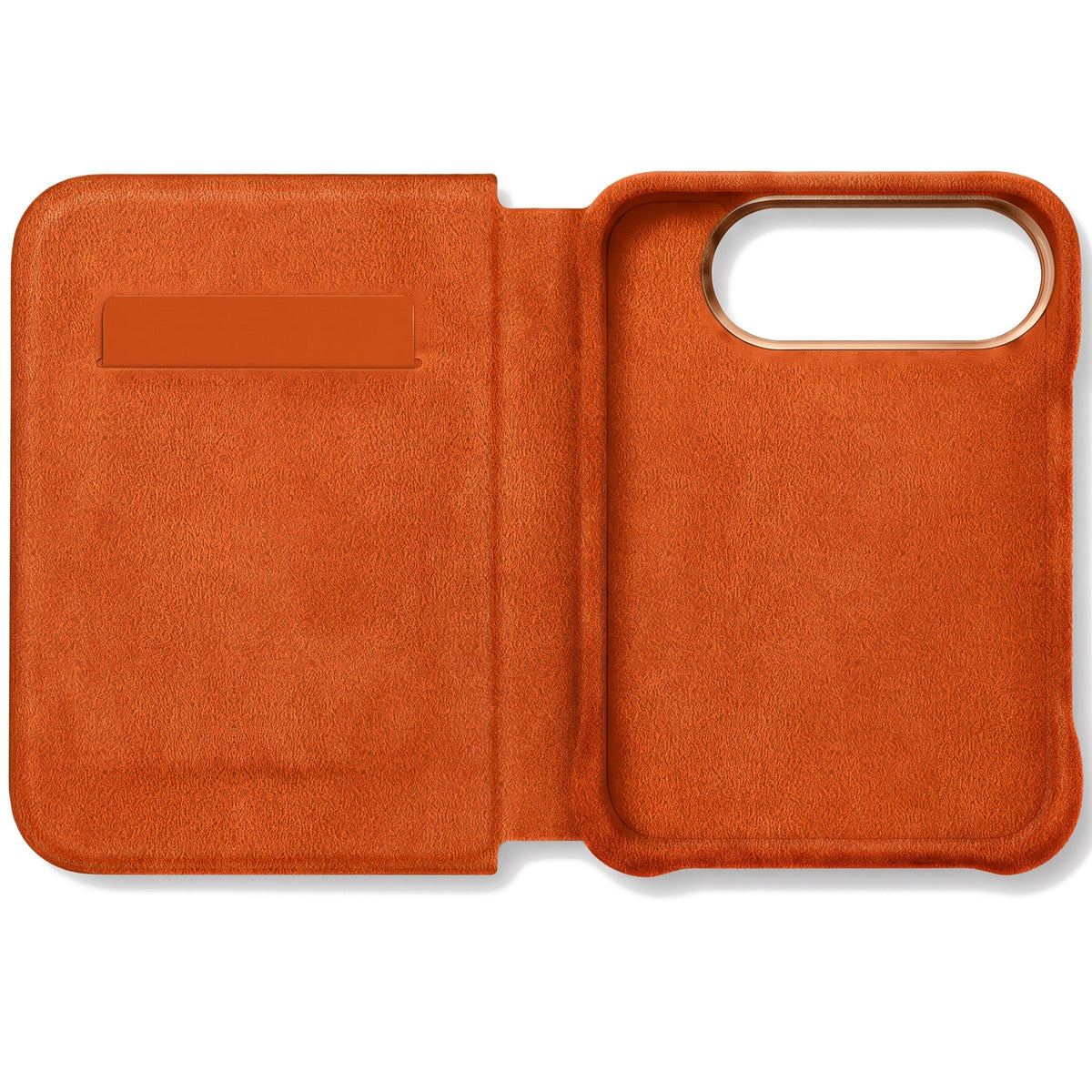 Orange Alcantara folio case for iPhone Duo, opened with the card slot