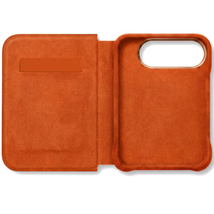 Orange Alcantara folio case for iPhone Duo, opened with the card slot