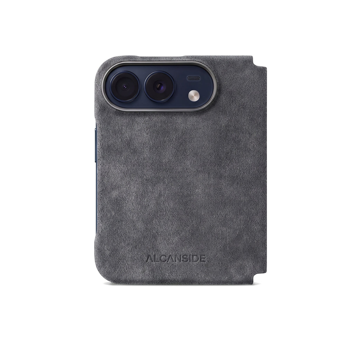 Space Grey Alcantara folio case for iPhone Duo, back view with the camera