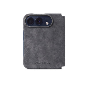 Space Grey Alcantara folio case for iPhone Duo, back view with the camera