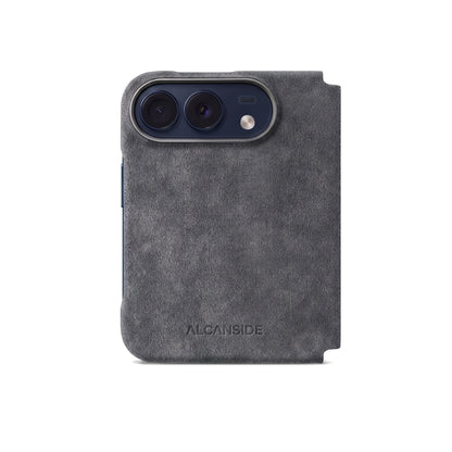 Space Grey Alcantara folio case for iPhone Duo, back view with the camera