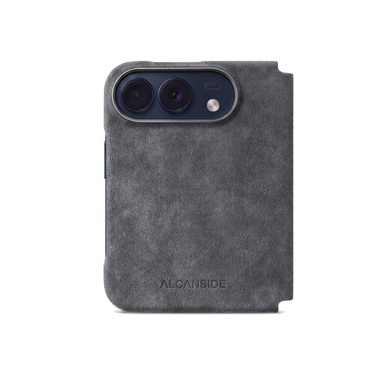 Space Grey Alcantara folio case for iPhone Duo, back view with the camera