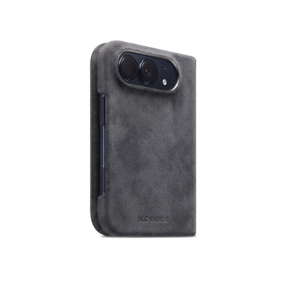 Space Grey Alcantara folio case for iPhone Duo, side view with the button cutout
