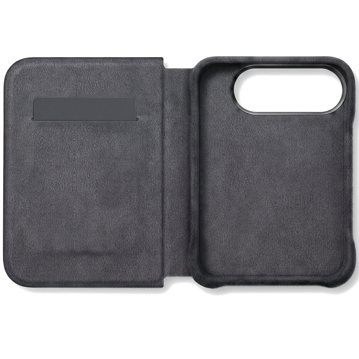 Space Grey Alcantara folio case for iPhone Duo, opened with the card slot