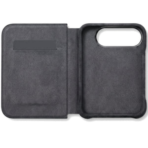 Space Grey Alcantara folio case for iPhone Duo, opened with the card slot
