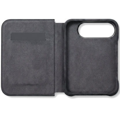 Space Grey Alcantara folio case for iPhone Duo, opened with the card slot